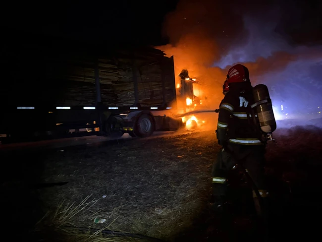Read more about the article Camion încărcat cu lemne, cuprins de flăcări pe un drum județean
